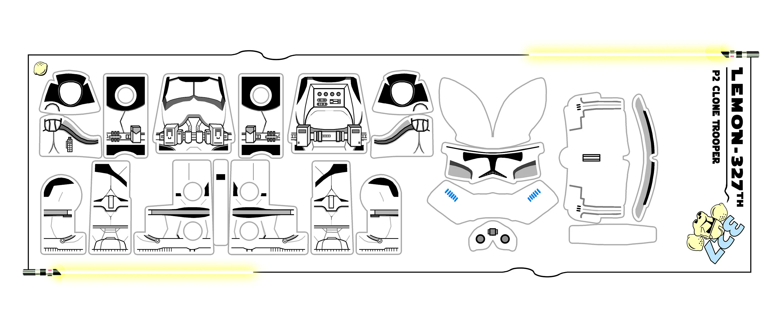 A custom Lego clone trooper decal sheet laid out in individual cuttable parts.